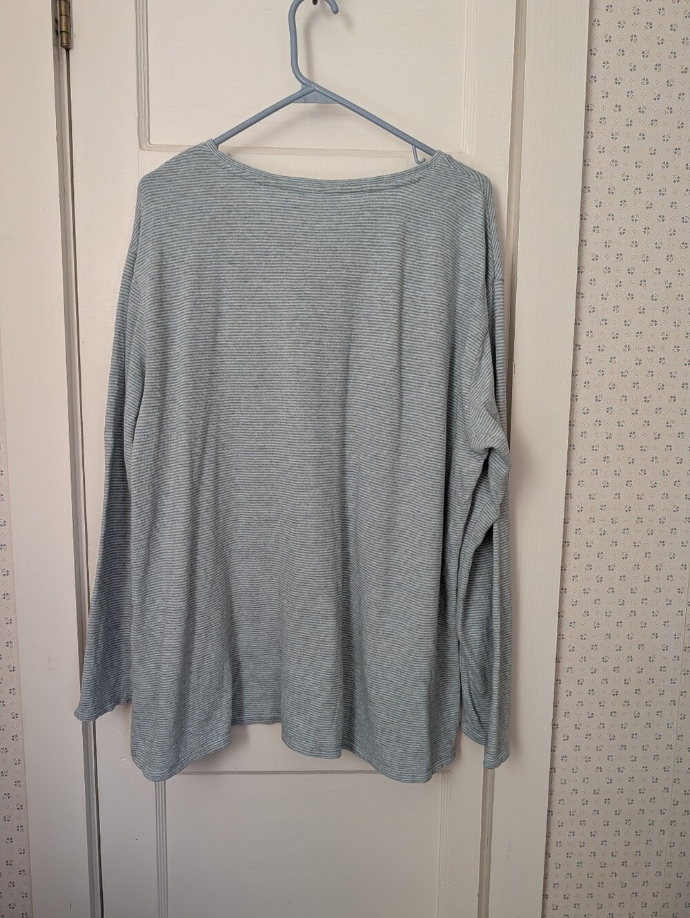 Pure Jill Top Light Blue Cotton 1X Narrow-Striped Long Sleeve Soft Tunic Length